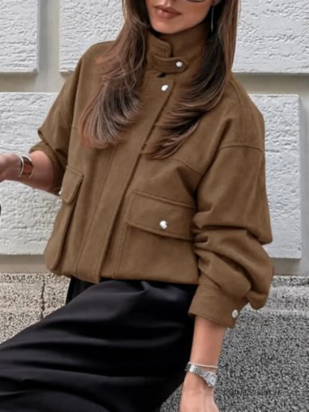 Womens Faux Suede Bomber Jacket Cropped Zip Up Casual